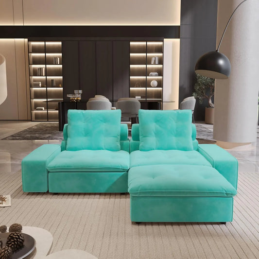 Premium Adjustable Cloud Sectional Couches | 3-Piece Velvet Tiffany Blue Modular Design Chaise Sectionals 2-seaters with 1-Ottomans