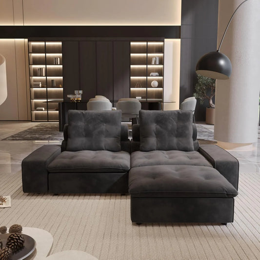 Premium Adjustable Cloud Sectional Couches | 3-Piece Velvet Grey Modular Design Chaise Sectionals 2-seaters with 1-Ottomans