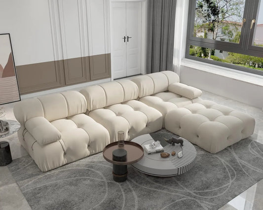 Exclusive Minimalist Modular Couches | 4-Piece Velvet Beige Vintage Tufted Luxury L-Shaped Sectionals 3-seaters with 1-Ottomans