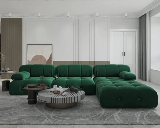 Exclusive Minimalist Modular Couches | 4-Piece Velvet Green Soft Springy Support L-Shaped Sectionals 3-seaters with 1-Ottomans