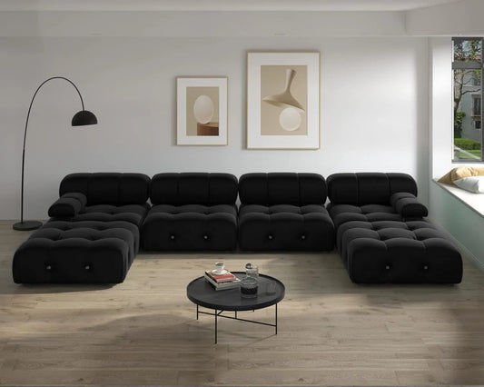 Exclusive Minimalist Modular Couches | 6-Piece Velvet Black Vintage Tufted Luxury U-Shaped Sectionals 4-seaters with 2-Ottomans