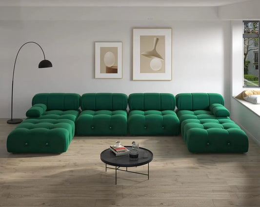Exclusive Minimalist Modular Couches | 6-Piece Velvet Green Fancy Button Style U-Shaped Sectionals 4-seaters with 2-Ottomans