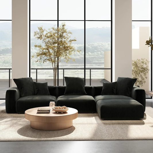 Exclusive Modern Modular Couches | 4-Piece Corduroy Black Cozy Grounded Look L-Shaped Sectionals 3-seaters with 1-Ottomans