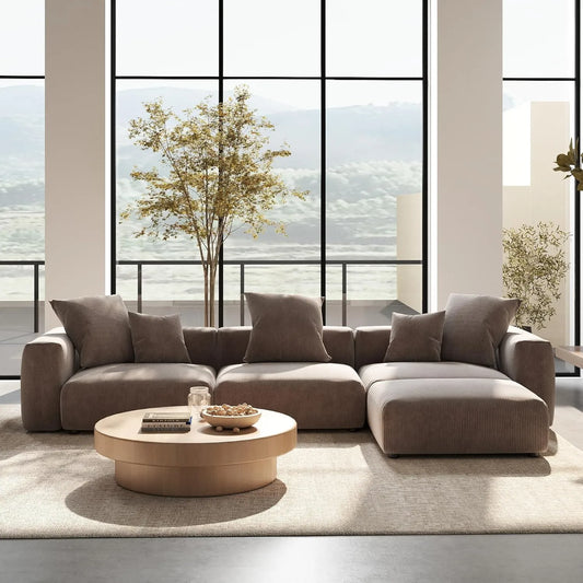 Exclusive Modern Modular Couches | 4-Piece Corduroy Brown Safe For Children L-Shaped Sectionals 3-seaters with 1-Ottomans