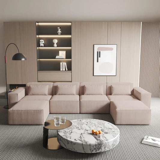 Exclusive Classic Sectional Couches | 5-Piece Corduroy Brown Pet-Proof Claw-Proof U-Shaped Sectionals 4-seaters with 2-Ottomans