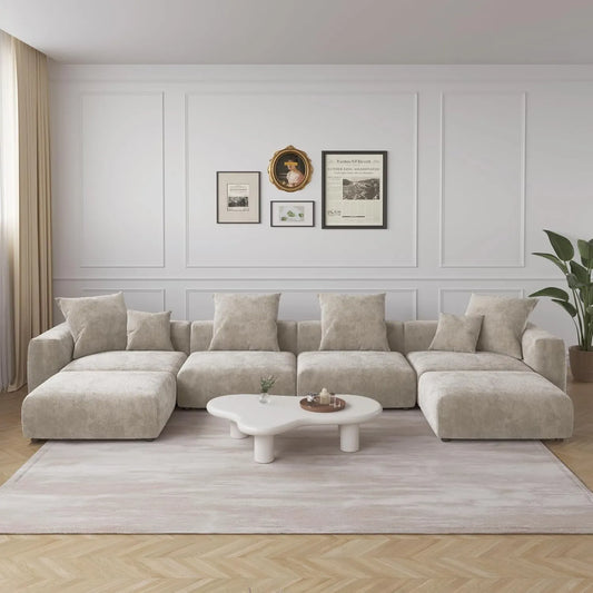 Exclusive Modern Modular Couches | 6-Piece Corduroy Beige Simple Modern Look U-Shaped Sectionals 4-seaters with 2-Ottomans