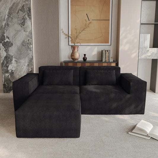 Exclusive Classic Sectional Couches | 2-Piece Corduroy Black Nice Textured Fabric Chaise Sectionals 2-seaters with 1-Ottomans