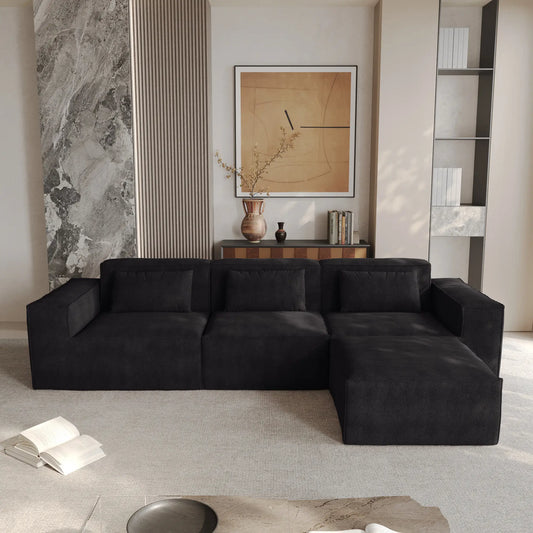 Exclusive Classic Sectional Couches | 3-Piece Corduroy Black Safe For Pets L-Shaped Sectionals 3-seaters with 1-Ottomans