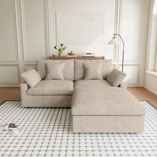 Premium Slope Cloud Sectional Couches | 3-Piece Linen Khaki A Simple Beachy Look Chaise Sectionals 2-seaters with 1-Ottomans