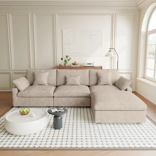 Premium Slope Cloud Sectional Couches | 4-Piece Linen Khaki Relaxed Airy Elegance L-Shaped Sectionals 3-seaters with 1-Ottomans