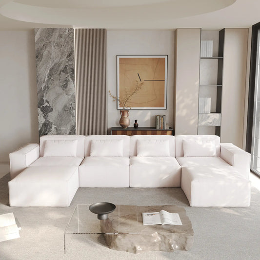 Exclusive Classic Sectional Couches | 5-Piece Corduroy Beige Modular Design U-Shaped Sectionals 4-seaters with 2-Ottomans