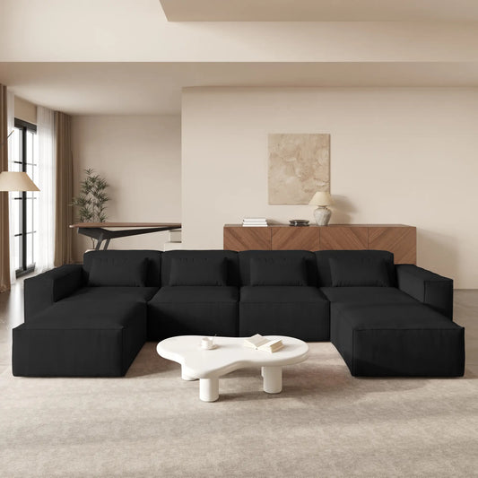 Exclusive Classic Sectional Couches | 5-Piece Corduroy Black Cushions Don't Sink U-Shaped Sectionals 4-seaters with 2-Ottomans