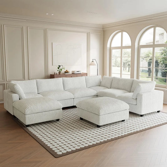 Premium Classic Cloud Sectional Couches | 8-Piece Plush Fabric Beige Supported Seating Sofa Sets 6-seaters with 2-Ottomans