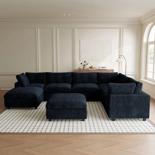 Premium Classic Cloud Sectional Couches | 8-Piece Plush Fabric Black Casual Luxury Appeal Sofa Sets 6-seaters with 2-Ottomans