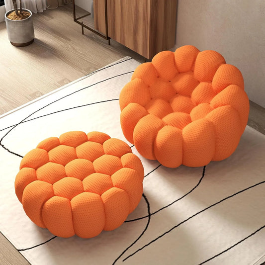 Signature Armless Boneless Couches | 2-Piece 3D-Knitted Orange Flowing Organic Shape Sofa Sets 1-seater with 1-Ottomans