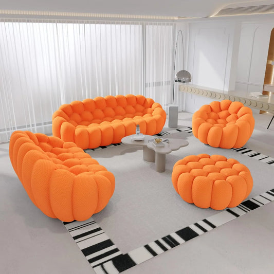 Signature Armless Boneless Couches | 4-Piece 3D-Knitted Orange Organic Design Sofa Sets 6-seaters with 1-Ottomans