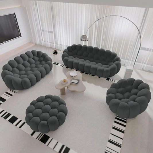 Signature Armless Boneless Couches | 4-Piece 3D-Knitted Grey Ocean-Inspired Curves Sofa Sets 6-seaters with 1-Ottomans