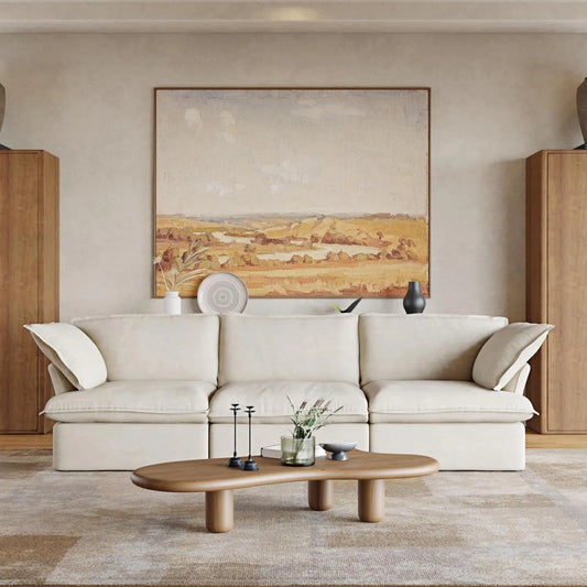 Premium Linen Cloud Sectional Couches | 3-Piece Linen Beige Neutral Silhouette Couch Sectionals 3-seaters