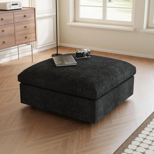 Premium Slope Cloud Sectional Couches | 1-Piece Linen Black Comfy Sloped Arms Ottoman