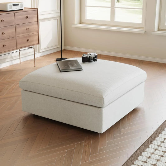 Premium Slope Cloud Sectional Couches | 1-Piece Linen White Comfy Sloped Arms Ottoman