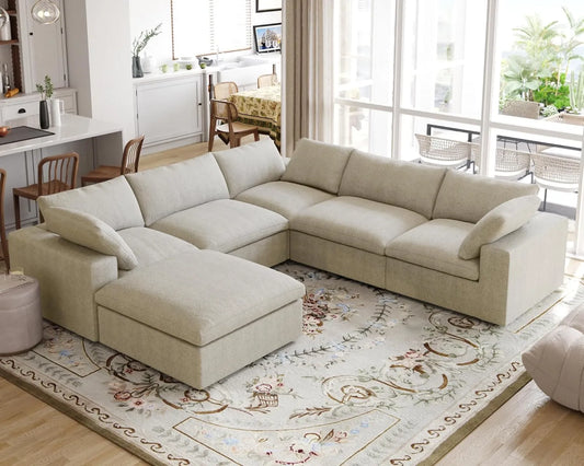 Premium Luxe Cloud Sectional Couches | 6-Piece Linen Khaki Wash The Covers Sofa Sets 5-seaters with 1-Ottomans