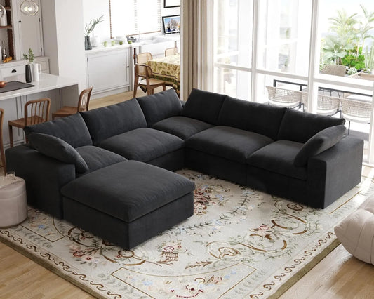 Premium Luxe Cloud Sectional Couches | 6-Piece Linen Black Durable Linen Fabric Sofa Sets 5-seaters with 1-Ottomans