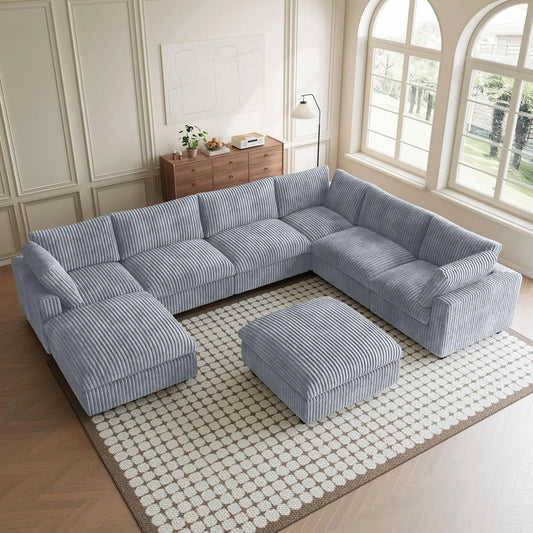 Premium Classic Cloud Sectional Couches | 8-Piece Plush Fabric Light Grey A Big Friendly Sofa Sofa Sets 6-seaters with 2-Ottomans