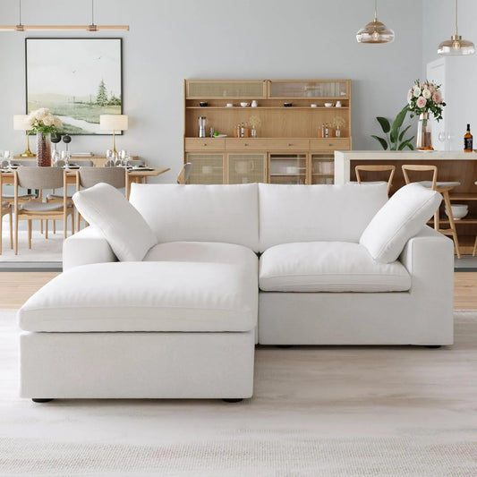 Premium Luxe Cloud Sectional Couches | 3-Piece Linen White Covers Come Off Chaise Sectionals 2-seaters with 1-Ottomans