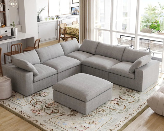 Premium Luxe Cloud Sectional Couches | 6-Piece Linen Light Grey Durable Linen Fabric Sofa Sets 5-seaters with 1-Ottomans
