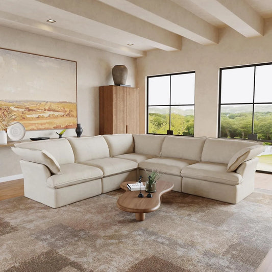 Premium Linen Cloud Sectional Couches | 5-Piece Linen Beige Rich Beautiful Fabric V-Shaped Sectionals 5-seaters
