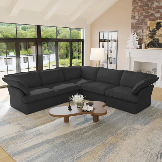 Premium Linen Cloud Sectional Couches | 5-Piece Linen Black Looks Good Anywhere V-Shaped Sectionals 5-seaters