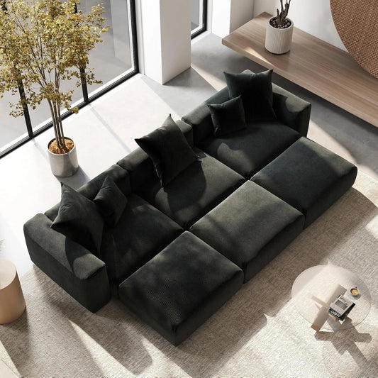 Exclusive Modern Modular Couches | 6-Piece Corduroy Black Hidden Sleek Sofa Legs Pit Sectionals 3-seaters with 3-Ottomans