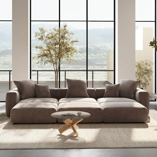Exclusive Modern Modular Couches | 6-Piece Corduroy Brown Hidden Sleek Sofa Legs Pit Sectionals 3-seaters with 3-Ottomans