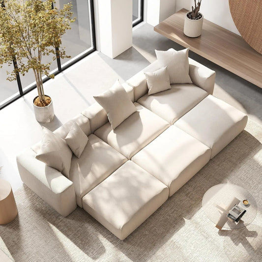 Exclusive Modern Modular Couches | 6-Piece Corduroy Beige Oversized Silhouette Pit Sectionals 3-seaters with 3-Ottomans