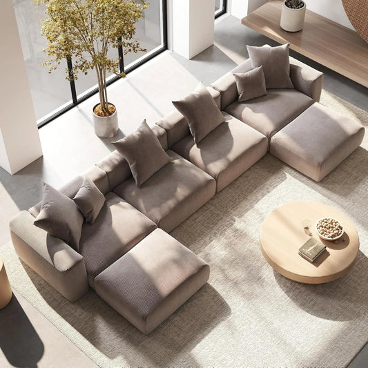 Exclusive Modern Modular Couches | 6-Piece Corduroy Brown Cushions Never Sag U-Shaped Sectionals 4-seaters with 2-Ottomans