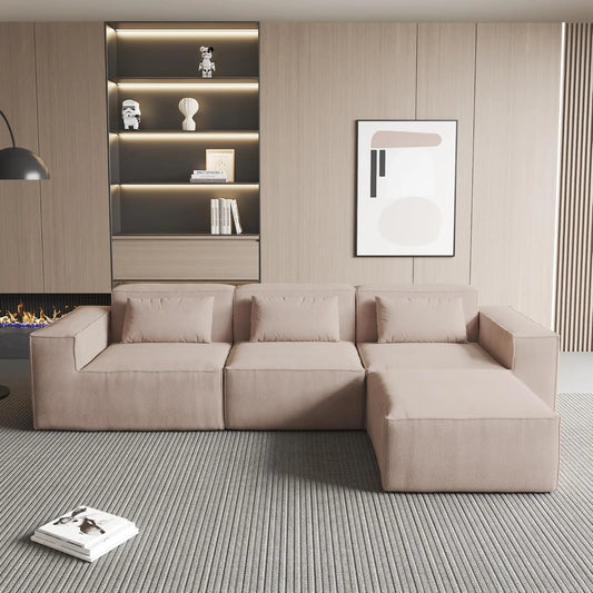 Exclusive Classic Sectional Couches | 3-Piece Corduroy Brown Cushions Don't Sink L-Shaped Sectionals 3-seaters with 1-Ottomans