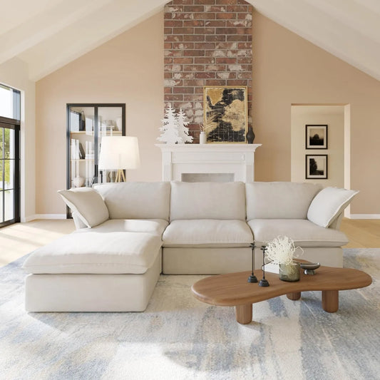 Premium Linen Cloud Sectional Couches | 4-Piece Linen Beige Oversized Cushions L-Shaped Sectionals 3-seaters with 1-Ottomans