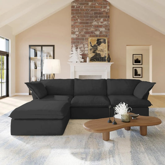 Premium Linen Cloud Sectional Couches | 4-Piece Linen Black Rich Beautiful Fabric L-Shaped Sectionals 3-seaters with 1-Ottomans
