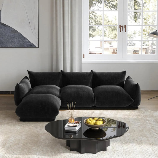 Exclusive Modern Sectional Couches | 4-Piece Chenille Black Vintage Charm Today L-Shaped Sectionals 3-seaters with 1-Ottomans