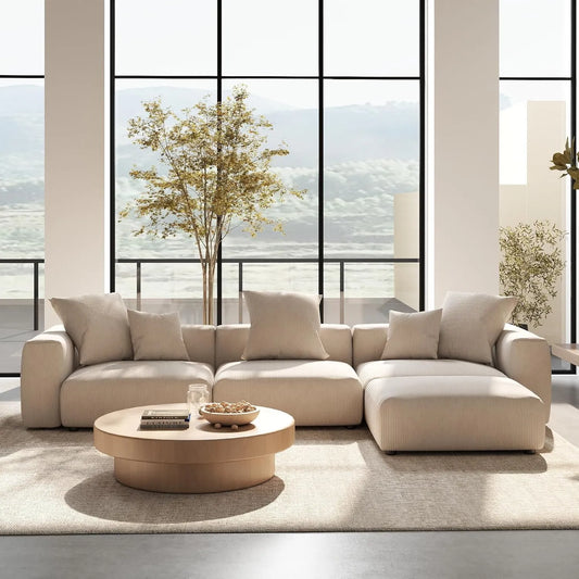 Exclusive Modern Modular Couches | 4-Piece Corduroy Beige Cushions Never Sag L-Shaped Sectionals 3-seaters with 1-Ottomans