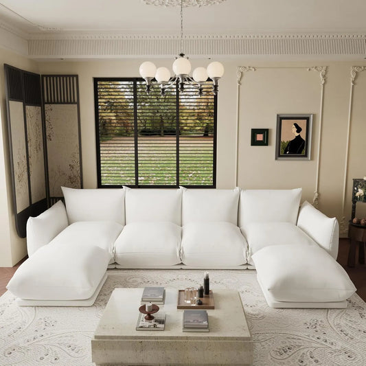 Exclusive Modern Sectional Couches | 6-Piece Chenille Beige Modular Design U-Shaped Sectionals 4-seaters with 2-Ottomans