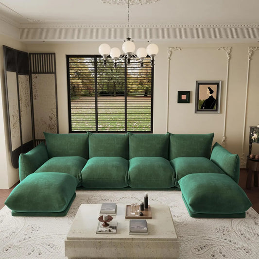 Exclusive Modern Sectional Couches | 6-Piece Chenille Green Retro Modern Fusion U-Shaped Sectionals 4-seaters with 2-Ottomans