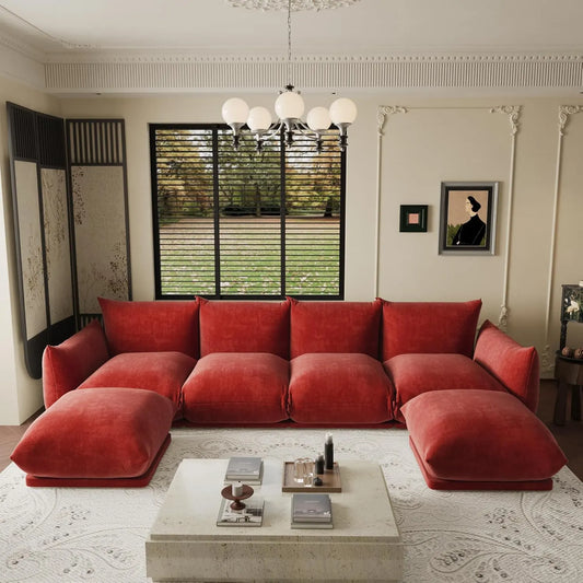 Exclusive Modern Sectional Couches | 6-Piece Chenille Orange Smooth Sculptural Lines U-Shaped Sectionals 4-seaters with 2-Ottomans