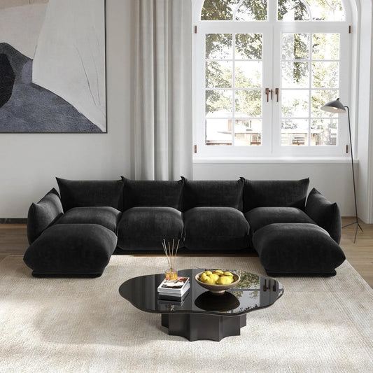 Exclusive Modern Sectional Couches | 6-Piece Chenille Black Vintage Charm Today U-Shaped Sectionals 4-seaters with 2-Ottomans