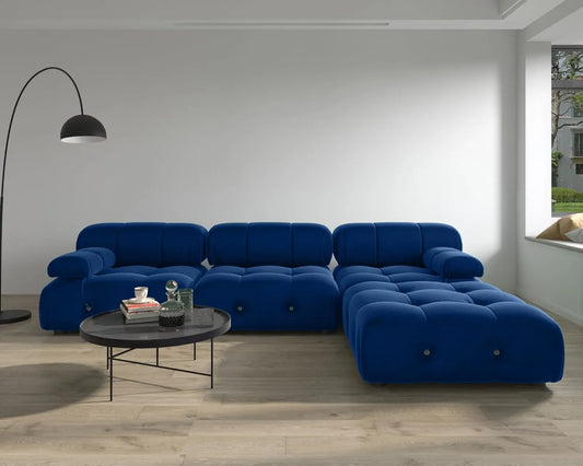 Exclusive Minimalist Modular Couches | 4-Piece Velvet Blue Soft Springy Support L-Shaped Sectionals 3-seaters with 1-Ottomans