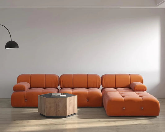 Exclusive Minimalist Modular Couches | 4-Piece Velvet Orange Soft Bouncy Seats L-Shaped Sectionals 3-seaters with 1-Ottomans
