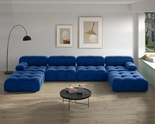 Exclusive Minimalist Modular Couches | 6-Piece Velvet Blue Modular Design U-Shaped Sectionals 4-seaters with 2-Ottomans