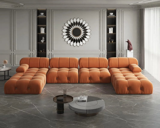 Exclusive Minimalist Modular Couches | 6-Piece Velvet Orange A Classic Fancy Look U-Shaped Sectionals 4-seaters with 2-Ottomans