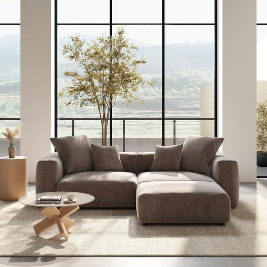 Exclusive Modern Modular Couches | 3-Piece Corduroy Brown Anti-Collision Design Chaise Sectionals 2-seaters with 1-Ottomans
