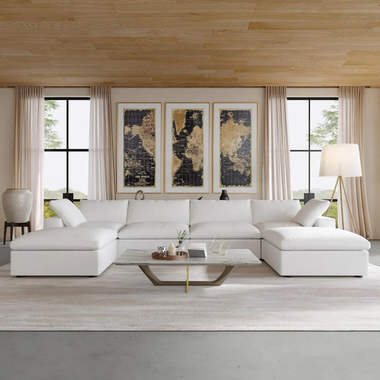 Premium Luxe Cloud Sectional Couches | 6-Piece Linen White Airy Relaxed Elegance U-Shaped Sectionals 4-seaters with 2-Ottomans